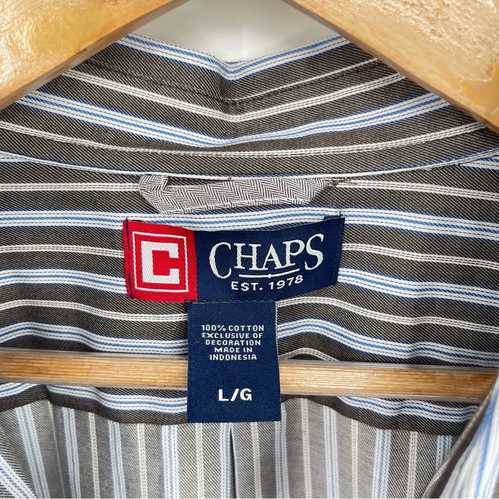New CHAPS Button-Down Mens Large 100% Cotton Long Sleeve Grey Blue White Stripes - Picture 9 of 14